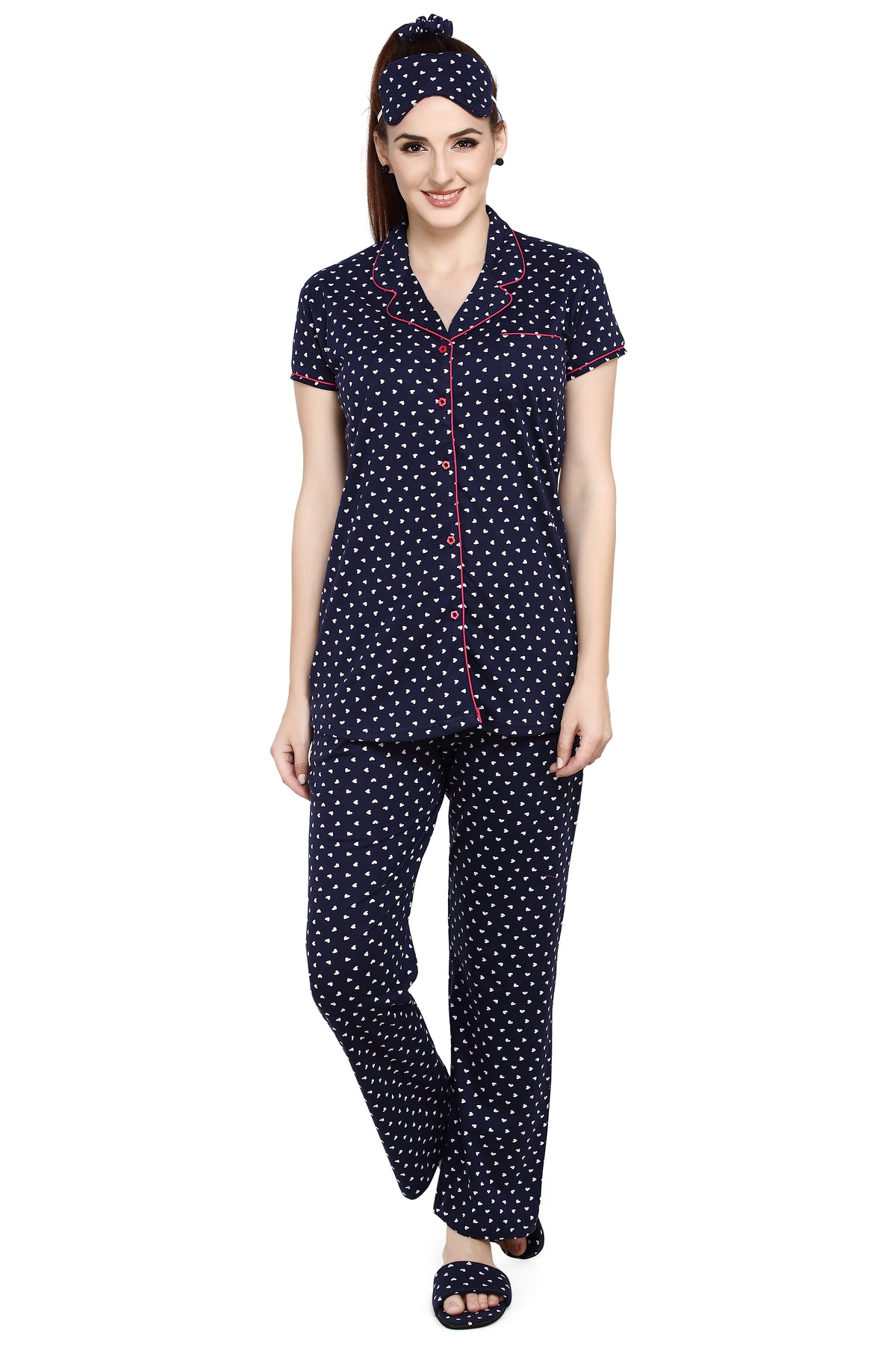 evolove Women's Hosiery Cotton Twilight Blue Hearts Print Button & Collar Shirt-Pyjama Set / Night Suit