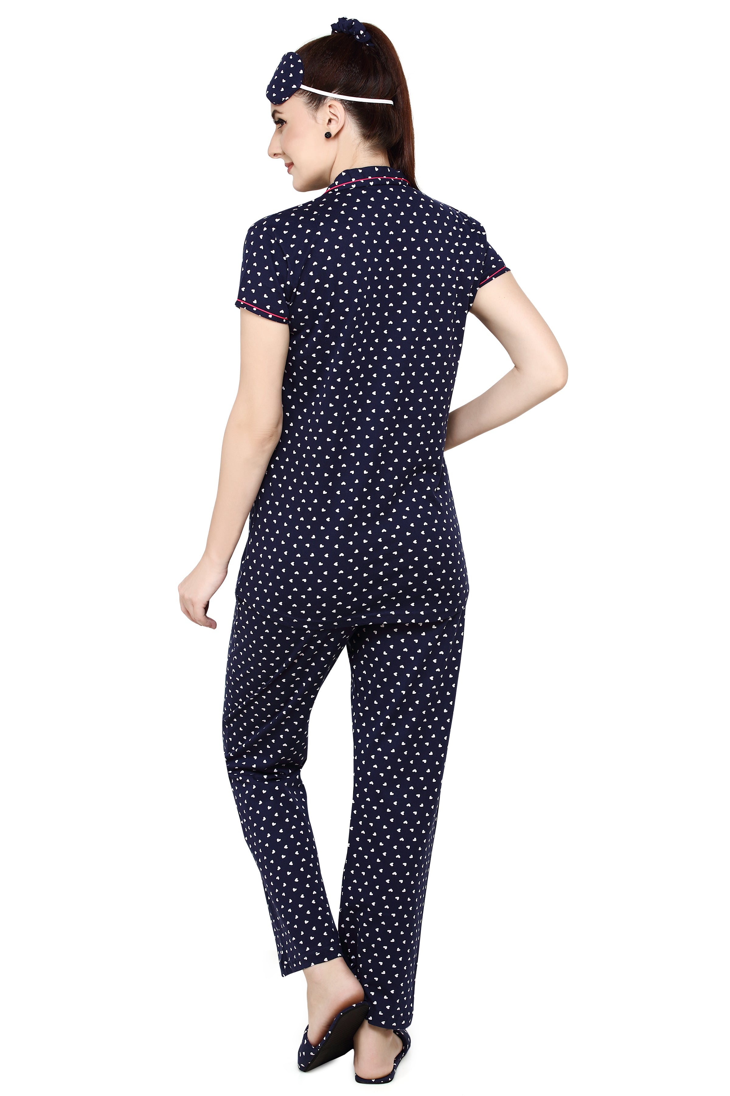 evolove Women's Hosiery Cotton Twilight Blue Hearts Print Button & Collar Shirt-Pyjama Set / Night Suit