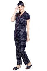 evolove Women's Hosiery Cotton Twilight Blue Hearts Print Button & Collar Shirt-Pyjama Set / Night Suit