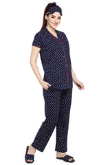 evolove Women's Hosiery Cotton Twilight Blue Hearts Print Button & Collar Shirt-Pyjama Set / Night Suit