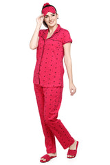 evolove Women's Hosiery Cotton Virtual Pink Hearts Print Button & Collar Shirt-Pyjama Set / Night Suit with Free Bedroom slippers, (Virtual Pink)