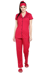 evolove Women's Hosiery Cotton High Risk Red Hearts Print Button & Collar Shirt-Pyjama Set / Night Suit with Free Bedroom slippers, (High Risk Red)