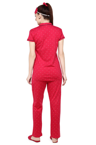 evolove Women's Hosiery Cotton High Risk Red Hearts Print Button & Collar Shirt-Pyjama Set / Night Suit with Free Bedroom slippers, Scrunchie & Eye mask (High Risk Red)