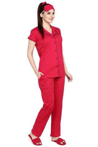 evolove Women's Hosiery Cotton High Risk Red Hearts Print Button & Collar Shirt-Pyjama Set / Night Suit with Free Bedroom slippers, Scrunchie & Eye mask (High Risk Red)