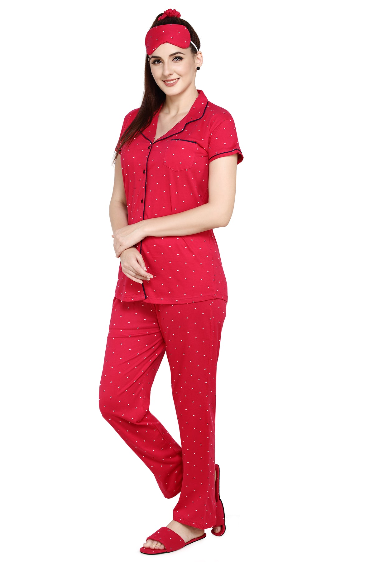 evolove Women's Hosiery Cotton High Risk Red Hearts Print Button & Collar Shirt-Pyjama Set / Night Suit with Free Bedroom slippers, (High Risk Red)