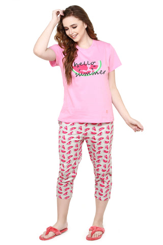 Evolove Prism Pink Round Neck Watermelon print Women's (Capri set), (Prism Pink & Cameo Green), S Get free eyemask inside of any design