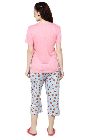 evolove Women's Hosiery Cotton Passion Pink Round neck Burger & Fries Printed (Capri set) Get free eyemask inside of any design (Pink & Blue)