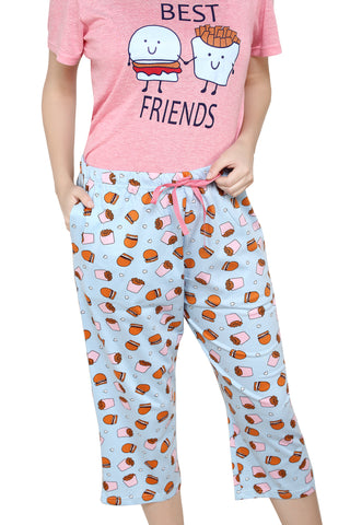 evolove Women's Hosiery Cotton Passion Pink Round neck Burger & Fries Printed (Capri set) Get free eyemask inside of any design (Pink & Blue)