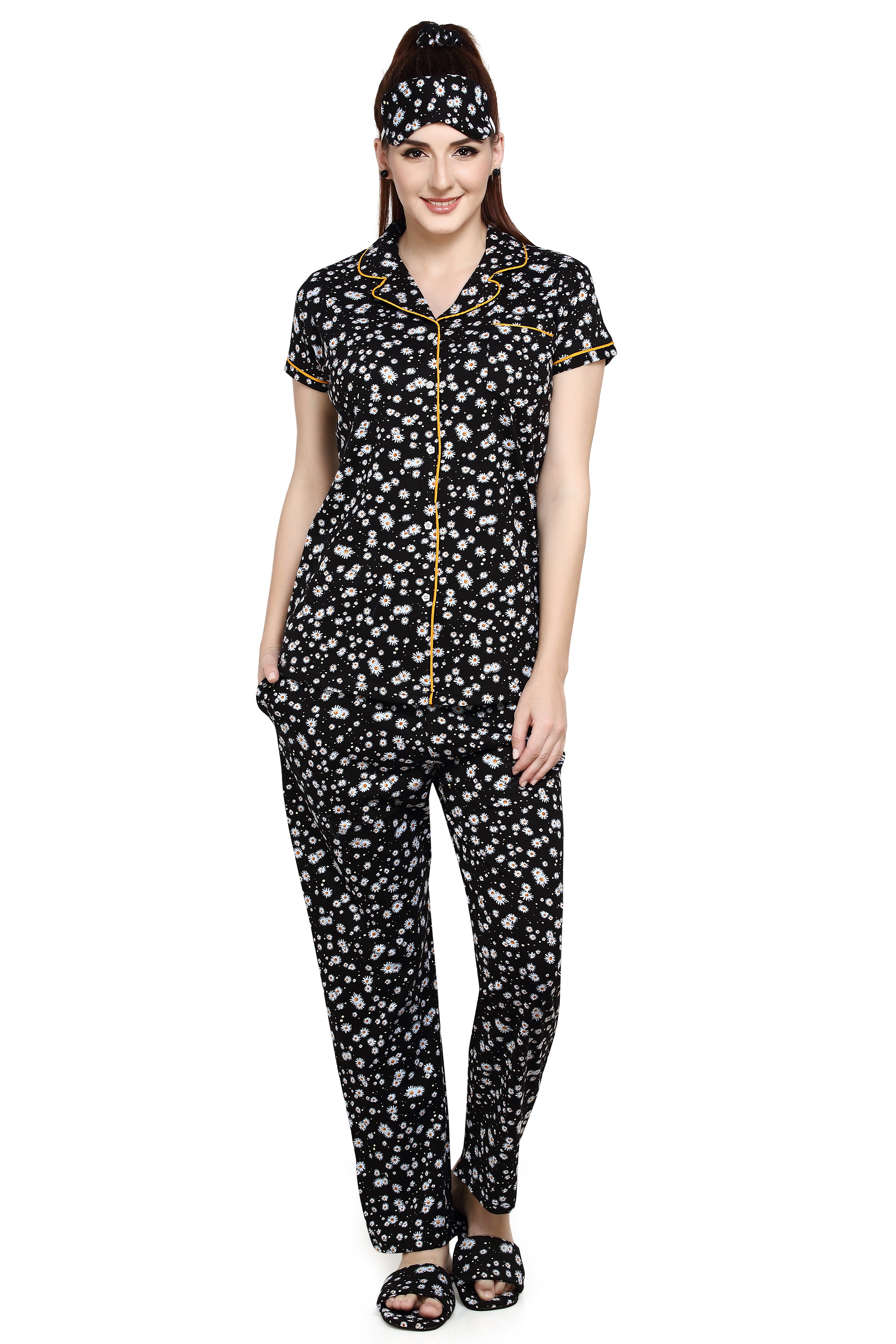 evolove Women's Hosiery Cotton Dark Pearl Floral Print Button & Collar Shirt-Pyjama Set / Night Suit with Free Bedroom slippers, (Pearl Black)