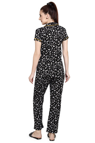 evolove Women's Hosiery Cotton Dark Pearl Floral Print Button & Collar Shirt-Pyjama Set / Night Suit with Free Bedroom slippers, Scrunchie & Eye mask (Pearl Black)