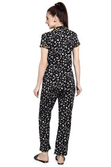 evolove Women's Hosiery Cotton Dark Pearl Floral Print Button & Collar Shirt-Pyjama Set / Night Suit with Free Bedroom slippers, (Pearl Black)