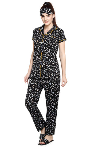 evolove Women's Hosiery Cotton Dark Pearl Floral Print Button & Collar Shirt-Pyjama Set / Night Suit with Free Bedroom slippers, Scrunchie & Eye mask (Pearl Black)
