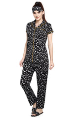 evolove Women's Hosiery Cotton Dark Pearl Floral Print Button & Collar Shirt-Pyjama Set / Night Suit with Free Bedroom slippers, (Pearl Black)