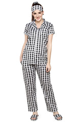 evolove Women's Hosiery Cotton Black coffee Checks Print Button & Collar Shirt-Pyjama Set / Night Suit with Free Bedroom slippers,