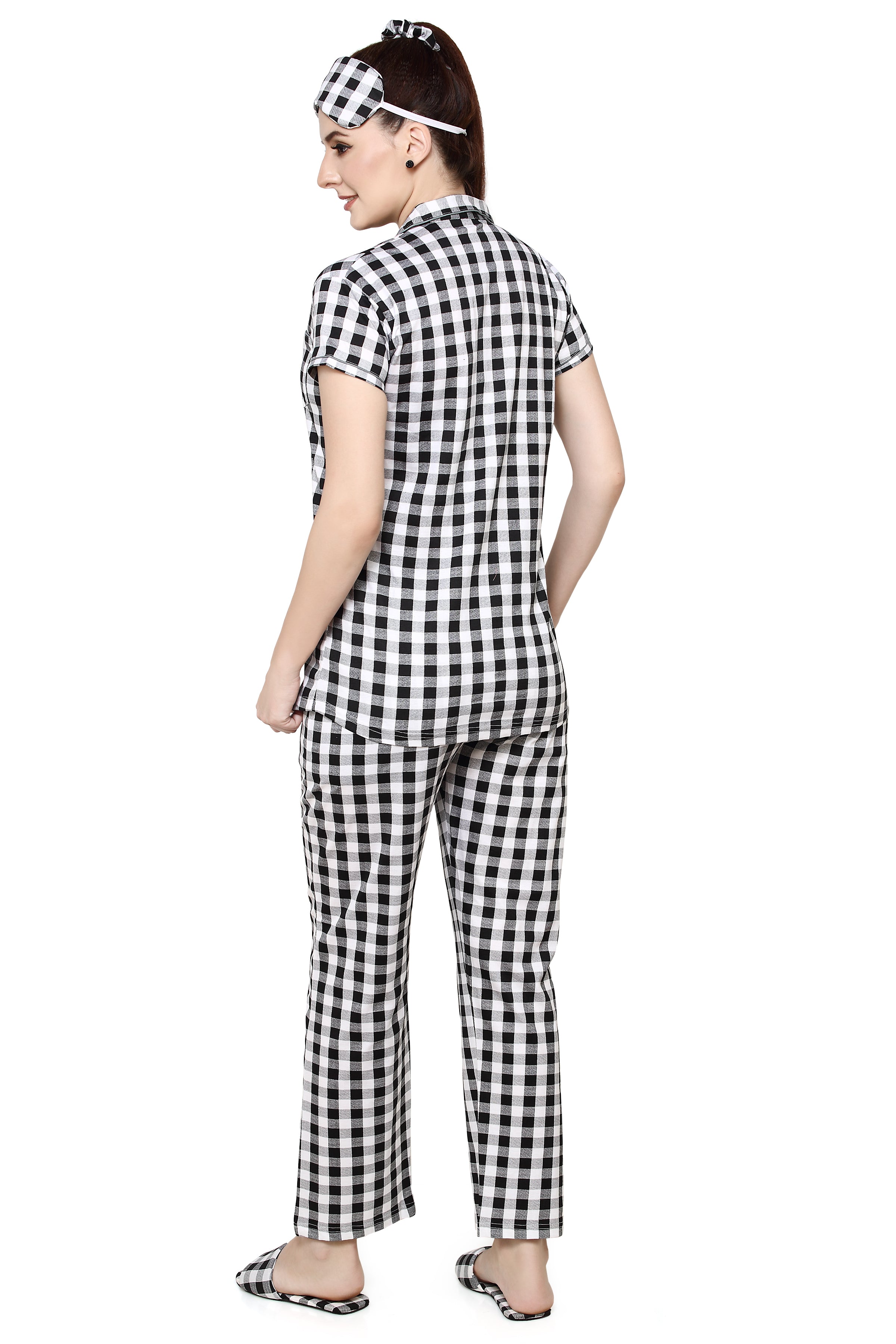 evolove Women's Hosiery Cotton Black coffee Checks Print Button & Collar Shirt-Pyjama Set / Night Suit with Free Bedroom slippers,