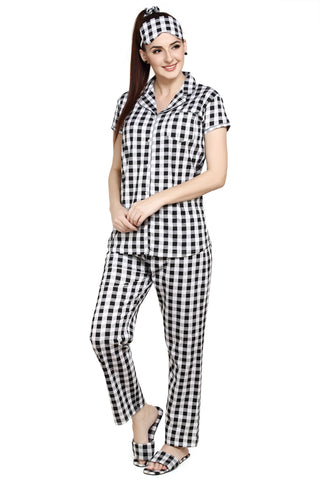 evolove Women's Hosiery Cotton Black coffee Checks Print Button & Collar Shirt-Pyjama Set / Night Suit with Free Bedroom slippers, Scrunchie & Eye mask