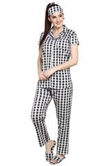 evolove Women's Hosiery Cotton Black coffee Checks Print Button & Collar Shirt-Pyjama Set / Night Suit with Free Bedroom slippers,