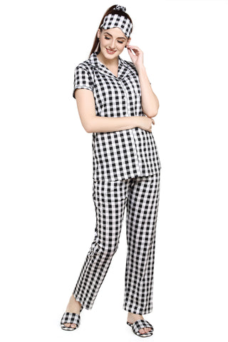 evolove Women's Hosiery Cotton Black coffee Checks Print Button & Collar Shirt-Pyjama Set / Night Suit with Free Bedroom slippers, Scrunchie & Eye mask