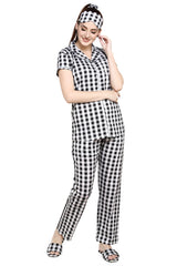 evolove Women's Hosiery Cotton Black coffee Checks Print Button & Collar Shirt-Pyjama Set / Night Suit with Free Bedroom slippers,