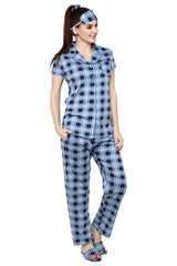 evolove Women's Hosiery Cotton Still water coffee Checks Print Button & Collar Shirt-Pyjama Set / Night Suit with Free Bedroom slippers, (Still water, S)