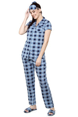 evolove Women's Hosiery Cotton Still water coffee Checks Print Button & Collar Shirt-Pyjama Set / Night Suit with Free Bedroom slippers, (Still water, S)