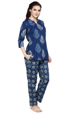 evolove Women's Women's Skuba Blue Batik Cotton Printed 3/4th Sleeves Night Suit Set -100% Cotton Ethnic set
