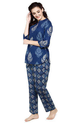evolove Women's Women's Skuba Blue Batik Cotton Printed 3/4th Sleeves Night Suit Set -100% Cotton Ethnic set