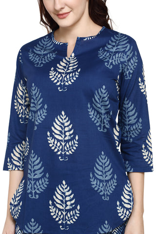 evolove Women's Women's Skuba Blue Batik Cotton Printed 3/4th Sleeves Night Suit Set -100% Cotton Ethnic set