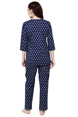 Evolove Women's Women's Mid-Night Navy Batik Cotton Printed 3/4th Sleeves Night Suit Set -100% Cotton Ethnic Set (Mid-Night Navy)