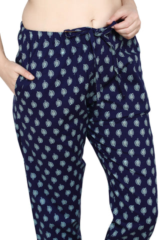 Evolove Women's Women's Mid-Night Navy Batik Cotton Printed 3/4th Sleeves Night Suit Set -100% Cotton Ethnic Set (Mid-Night Navy)