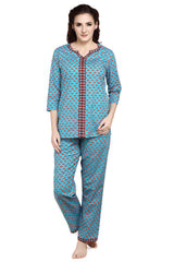 evolove Women's Women's Tan Teal Blue Batik Cotton Printed 3/4th Sleeves Night Suit Set -100% Cotton Ethnic set (Tan Teal Blue)