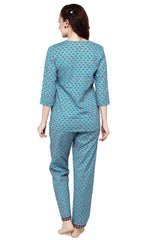 evolove Women's Women's Tan Teal Blue Batik Cotton Printed 3/4th Sleeves Night Suit Set -100% Cotton Ethnic set (Tan Teal Blue)