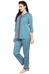 evolove Women's Women's Tan Teal Blue Batik Cotton Printed 3/4th Sleeves Night Suit Set -100% Cotton Ethnic set (Tan Teal Blue)