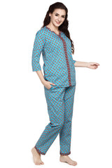 evolove Women's Women's Tan Teal Blue Batik Cotton Printed 3/4th Sleeves Night Suit Set -100% Cotton Ethnic set (Tan Teal Blue)