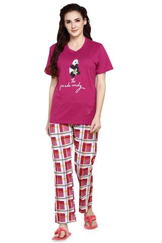 evolove Women's Hosiery Cotton Prism Fushia Round Neck Check & Panda Printed (Pyjama set) Get free eyemask inside of any design (Prism Fushia)
