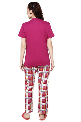 evolove Women's Hosiery Cotton Prism Fushia Round Neck Check & Panda Printed (Pyjama set) Get free eyemask inside of any design (Prism Fushia)