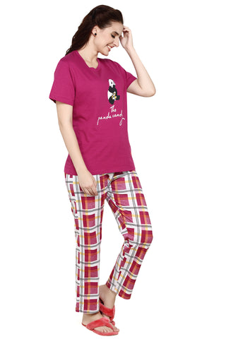evolove Women's Hosiery Cotton Prism Fushia Round Neck Check & Panda Printed (Pyjama set) Get free eyemask inside of any design (Prism Fushia)