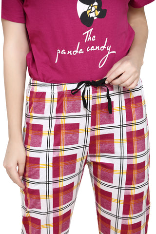 evolove Women's Hosiery Cotton Prism Fushia Round Neck Check & Panda Printed (Pyjama set) Get free eyemask inside of any design (Prism Fushia)