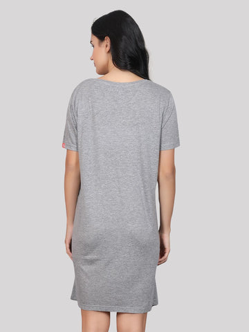 Evolove Women's 100% Cotton Printed Knee Length Casual Regular Short Nightgown (Grey Melange)