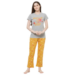 Evolove Women's Hosiery cotton Half Sleeve T-shirt & Printed  Pajama Set (Colour - Grey & Printed  Mustard)