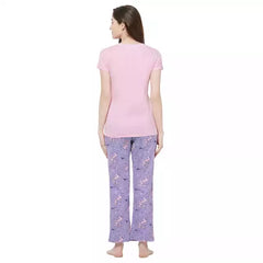 Evolove Women's Hosiery cotton Half Sleeve T-shirt & Printed  Pajama Set (Colour - Dark Pink & Printed  Lavender)