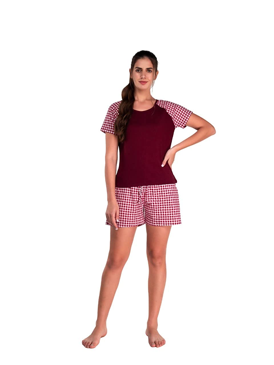 Evolove Womens 100% Cotton Tops or Tshirts & Shorts Set Elastic Waistband with 2 Side Pockets Round Neck Half Sleeve Checks Printed Super Soft Regular Night Suit Sleep Wear (S to 2XL Size)
