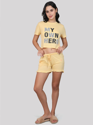 Evolove Women's 100% Cotton Shorts Set | Round Neck Half Sleeves Tshirt Shorts with Pockets Super Soft Comfortable (Yellow)
