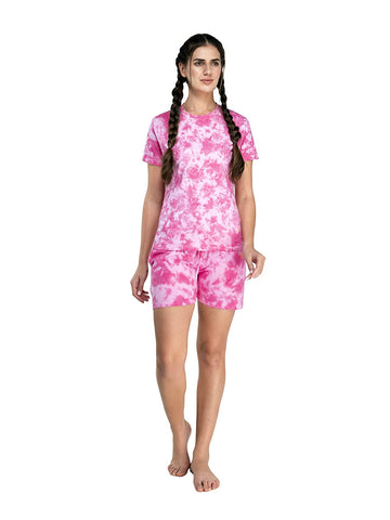 Evolove Women's Round Neck Half Sleeve 100 % Cotton Knitted Tie Dye Top & Shorts Night Suit Sleep & Lounge Wear Pajama Set (S to XXL