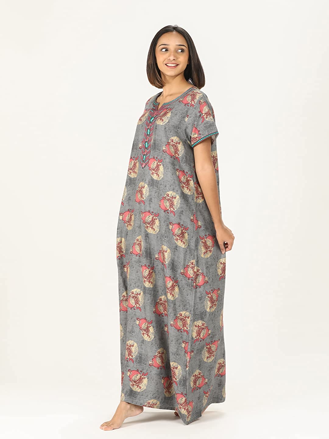 Evolove Loose Fit Viscose Liva Long Maxi Nighty Sleepwear Nightgown for Women or Ladies with Stylish Embroidery Round Neck Floral Printed Super Soft Comfortable Design ( M to 3XL Size )