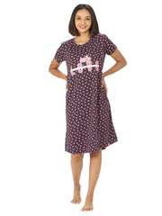 Loose Fit 100% Cotton Short Length Nighty Super Cute Light Soft Comfortable Design ( XL Size, Navy Blue )