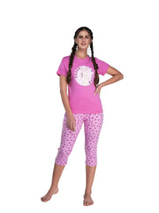 Evolove Women's Pants and Tops or Tshirt Pyjama Set 100% Cotton Love Printed Capris Leggings for Dailywear with Stylish Side Pockets Regular Fit (Small Size)