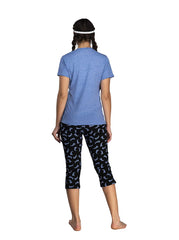 Evolove Women's Pants and Tops or Tshirt Pyjama Set 100% Cotton Love Printed Capris Leggings for Dailywear with Stylish Side Pockets Regular Fit (Small Size)