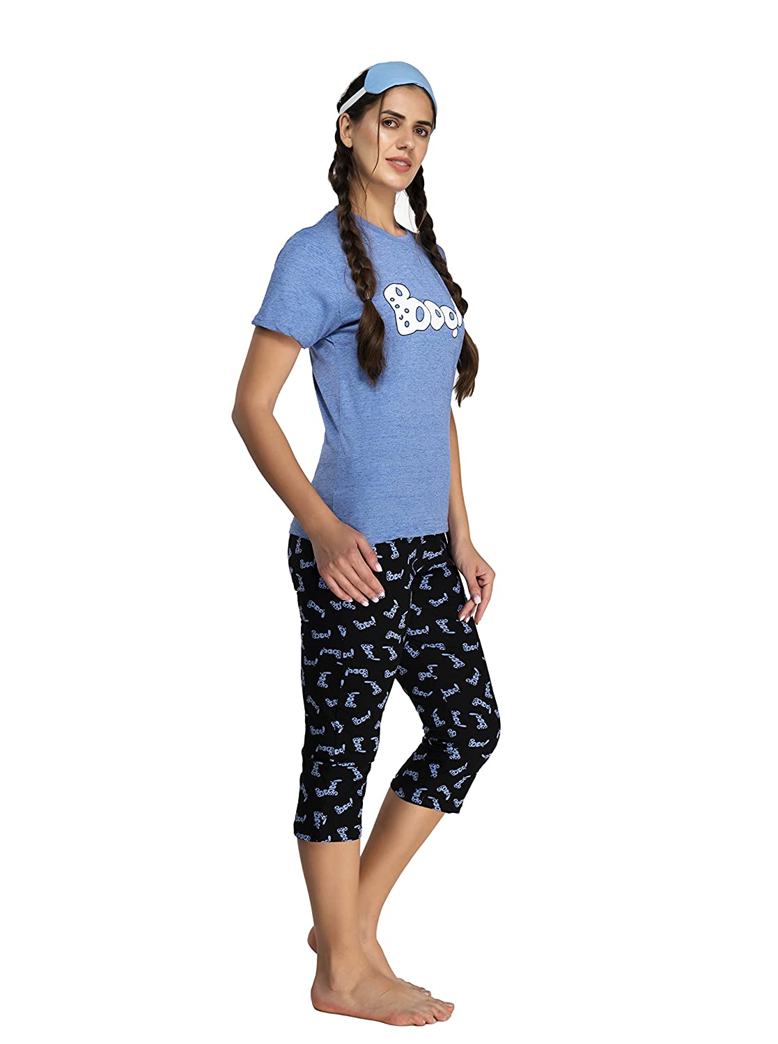 Evolove Women's Pants and Tops or Tshirt Pyjama Set 100% Cotton Love Printed Capris Leggings for Dailywear with Stylish Side Pockets Regular Fit (Small Size)