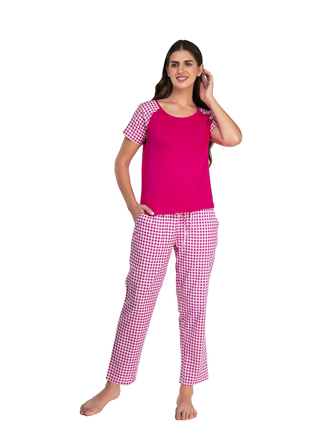 100% Cotton Pyjama Set with Reglan  Checks Printed Super Soft Top or Tshirts